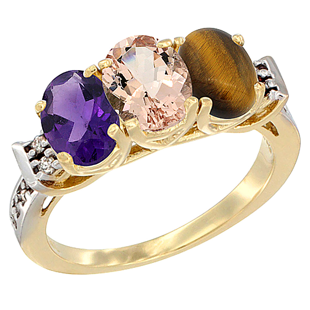 14K Yellow Gold Natural Amethyst, Morganite &amp; Tiger Eye Ring 3-Stone 7x5 mm Oval Diamond Accent, sizes 5 - 10