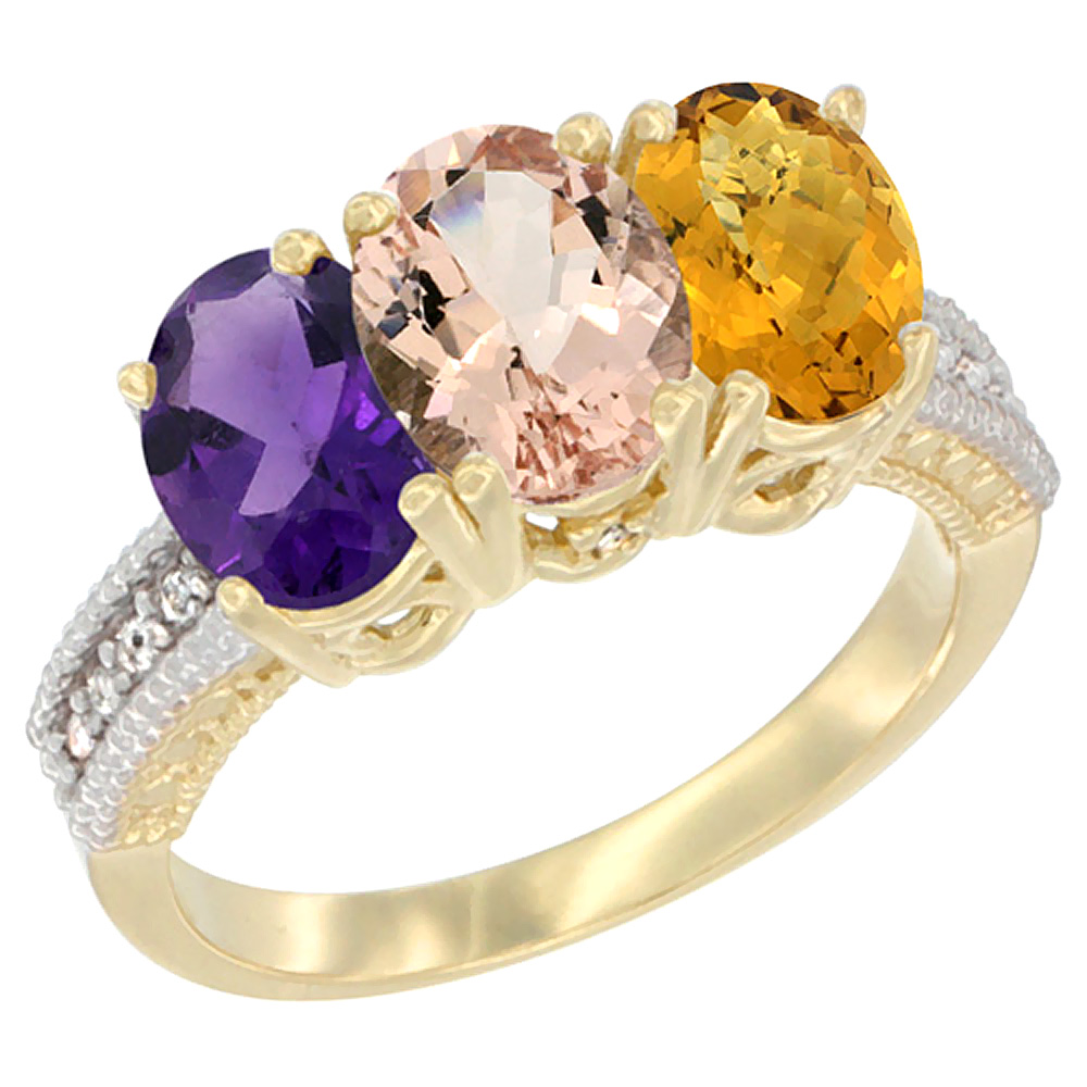 14K Yellow Gold Natural Amethyst, Morganite & Whisky Quartz Ring 3-Stone 7x5 mm Oval Diamond Accent, sizes 5 - 10