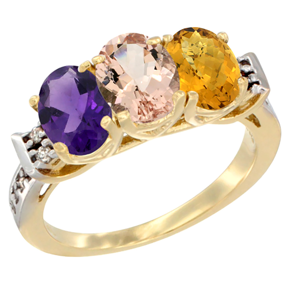 14K Yellow Gold Natural Amethyst, Morganite &amp; Whisky Quartz Ring 3-Stone 7x5 mm Oval Diamond Accent, sizes 5 - 10