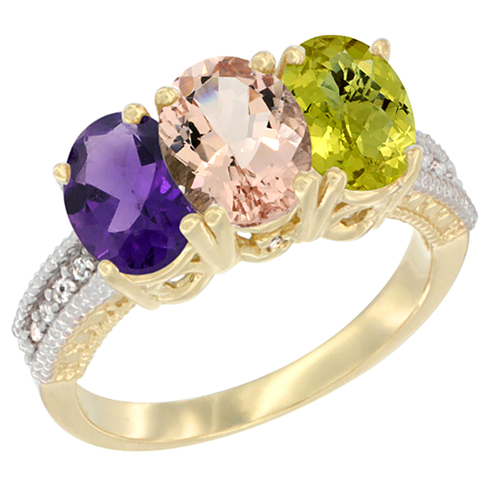 10K Yellow Gold Diamond Natural Amethyst, Morganite & Lemon Quartz Ring Oval 3-Stone 7x5 mm,sizes 5-10