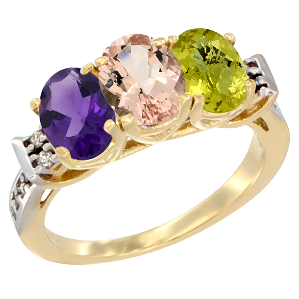 10K Yellow Gold Natural Amethyst, Morganite &amp; Lemon Quartz Ring 3-Stone Oval 7x5 mm Diamond Accent, sizes 5 - 10