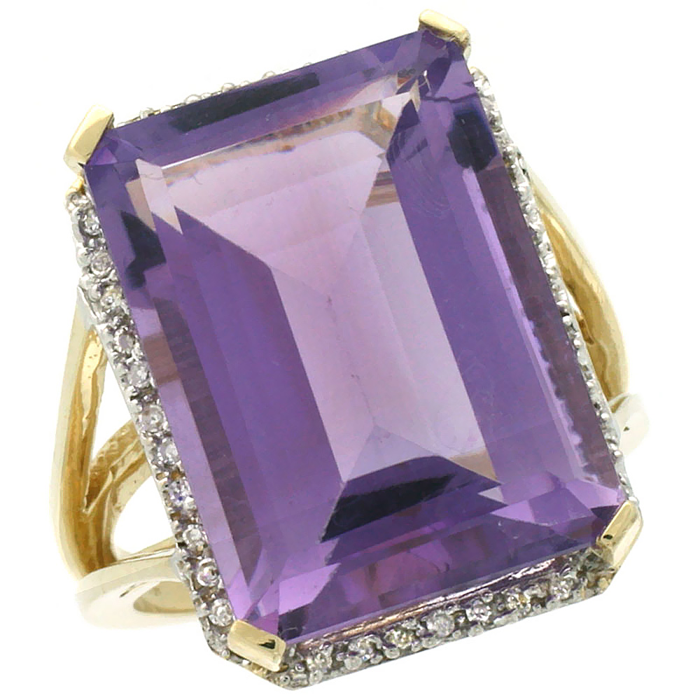 10K Yellow Gold Genuine Diamond Amethyst Ring Emerald-cut 18x13mm sizes 5-10