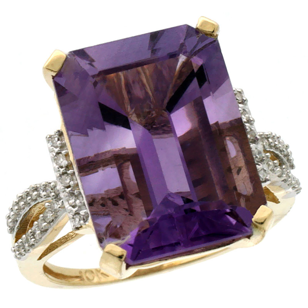 14K Yellow Gold Natural Diamond Amethyst Ring Emerald-cut 16x12mm, sizes 5-10