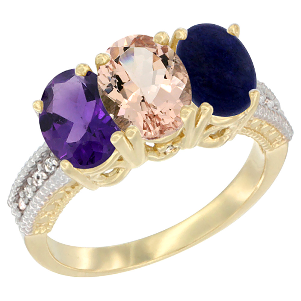 14K Yellow Gold Natural Amethyst, Morganite & Lapis Ring 3-Stone 7x5 mm Oval Diamond Accent, sizes 5 - 10