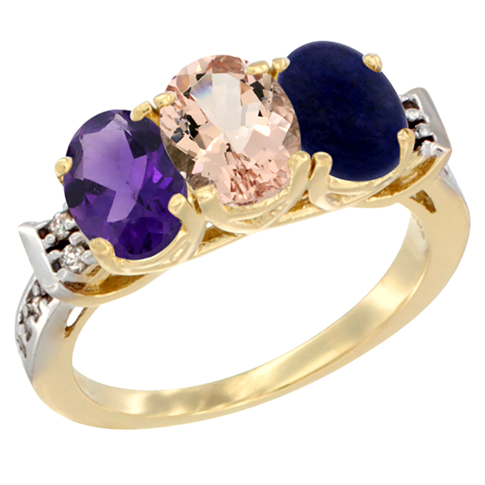 14K Yellow Gold Natural Amethyst, Morganite &amp; Lapis Ring 3-Stone 7x5 mm Oval Diamond Accent, sizes 5 - 10