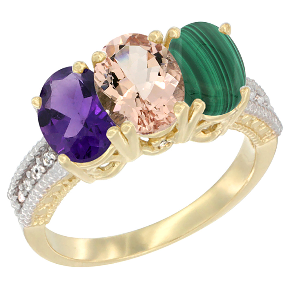 10K Yellow Gold Diamond Natural Amethyst, Morganite & Malachite Ring Oval 3-Stone 7x5 mm,sizes 5-10