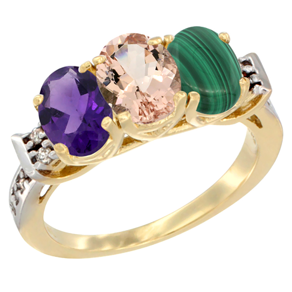 10K Yellow Gold Natural Amethyst, Morganite & Malachite Ring 3-Stone Oval 7x5 mm Diamond Accent, sizes 5 - 10