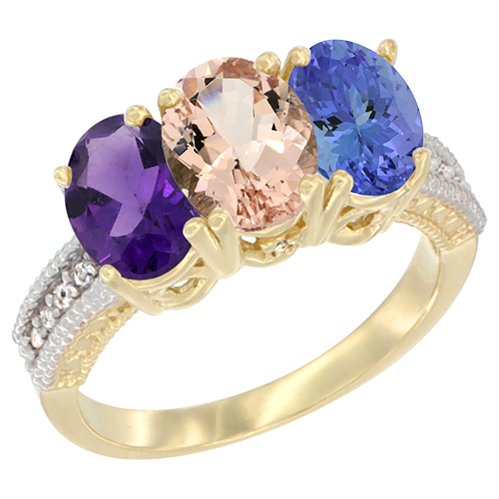 14K Yellow Gold Natural Amethyst, Morganite & Tanzanite Ring 3-Stone 7x5 mm Oval Diamond Accent, sizes 5 - 10