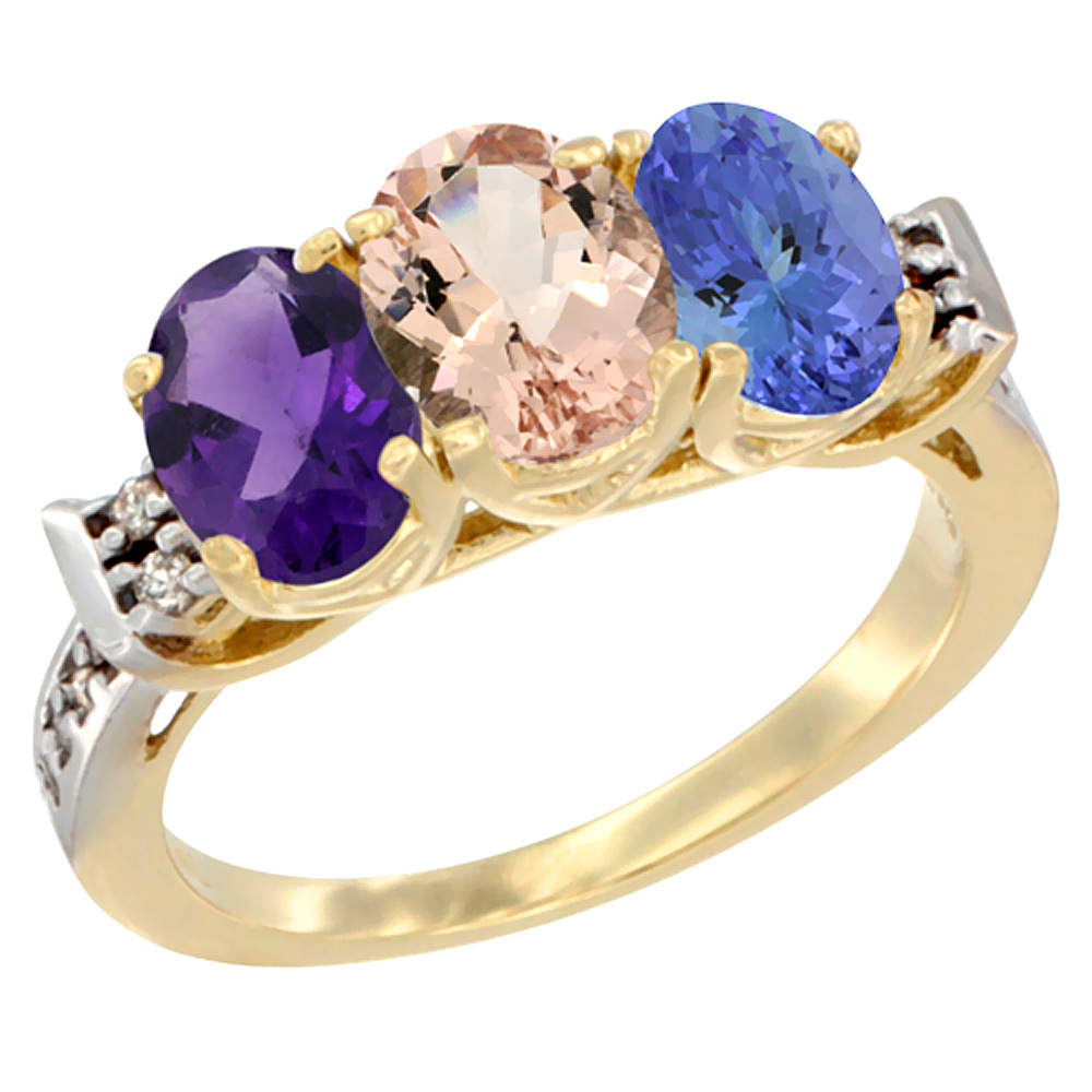 14K Yellow Gold Natural Amethyst, Morganite &amp; Tanzanite Ring 3-Stone 7x5 mm Oval Diamond Accent, sizes 5 - 10