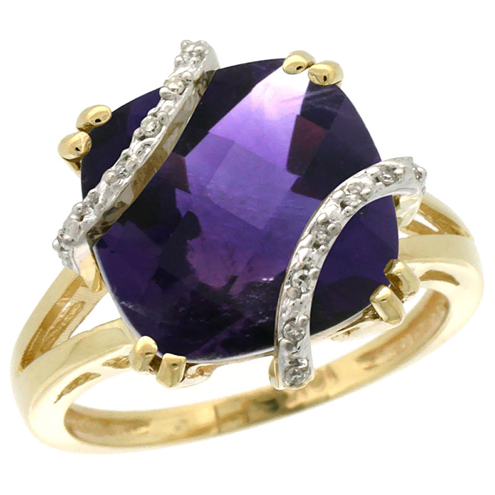 14K Yellow Gold Natural Amethyst Ring Cushion-cut 12x12mm Diamond Accent, sizes 5-10