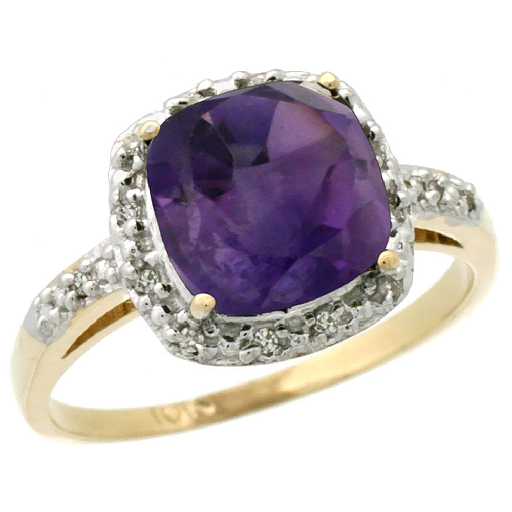 10K Yellow Gold Diamond Genuine Amethyst Ring Cushion-cut 8x8 mm sizes 5-10