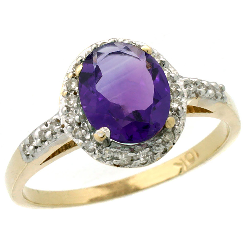 14K Yellow Gold Diamond Natural Amethyst Ring Oval 8x6mm, sizes 5-10