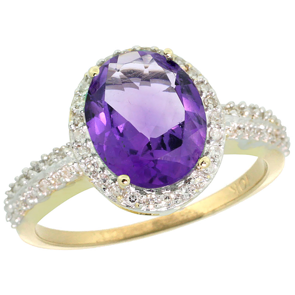 14K Yellow Gold Diamond Natural Amethyst Engagement Ring Oval 10x8mm, sizes 5-10