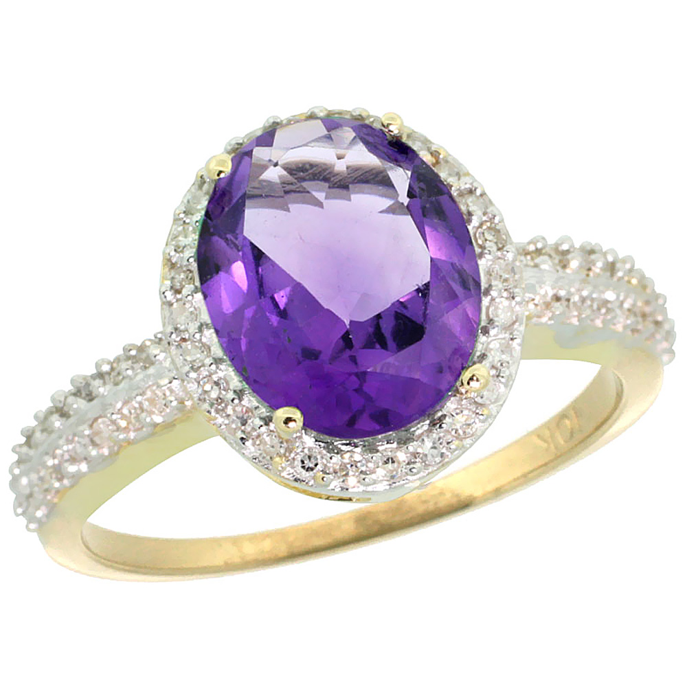 10K Yellow Gold Diamond Genuine Amethyst Engagement Ring Oval 10x8mm sizes 5-10