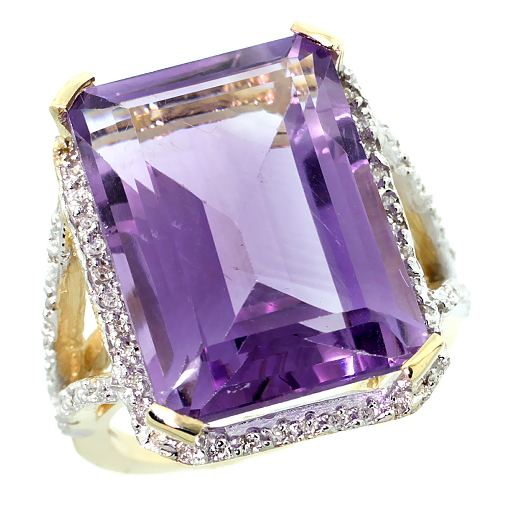 14K Yellow Gold Natural Diamond Amethyst Ring Emerald-cut 18x13mm, sizes 5-10