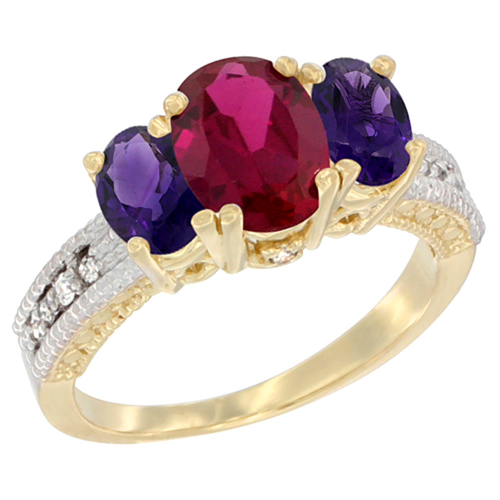 14K Yellow Gold Diamond Quality Ruby 7x5mm &amp; 6x4mm Amethyst Oval 3-stone Mothers Ring,size 5 - 10