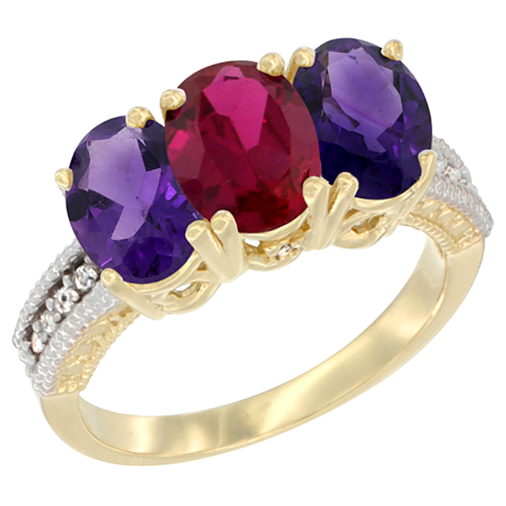 14K Yellow Gold Enhanced Ruby &amp; Natural Amethyst Ring 3-Stone 7x5 mm Oval Diamond Accent, sizes 5 - 10