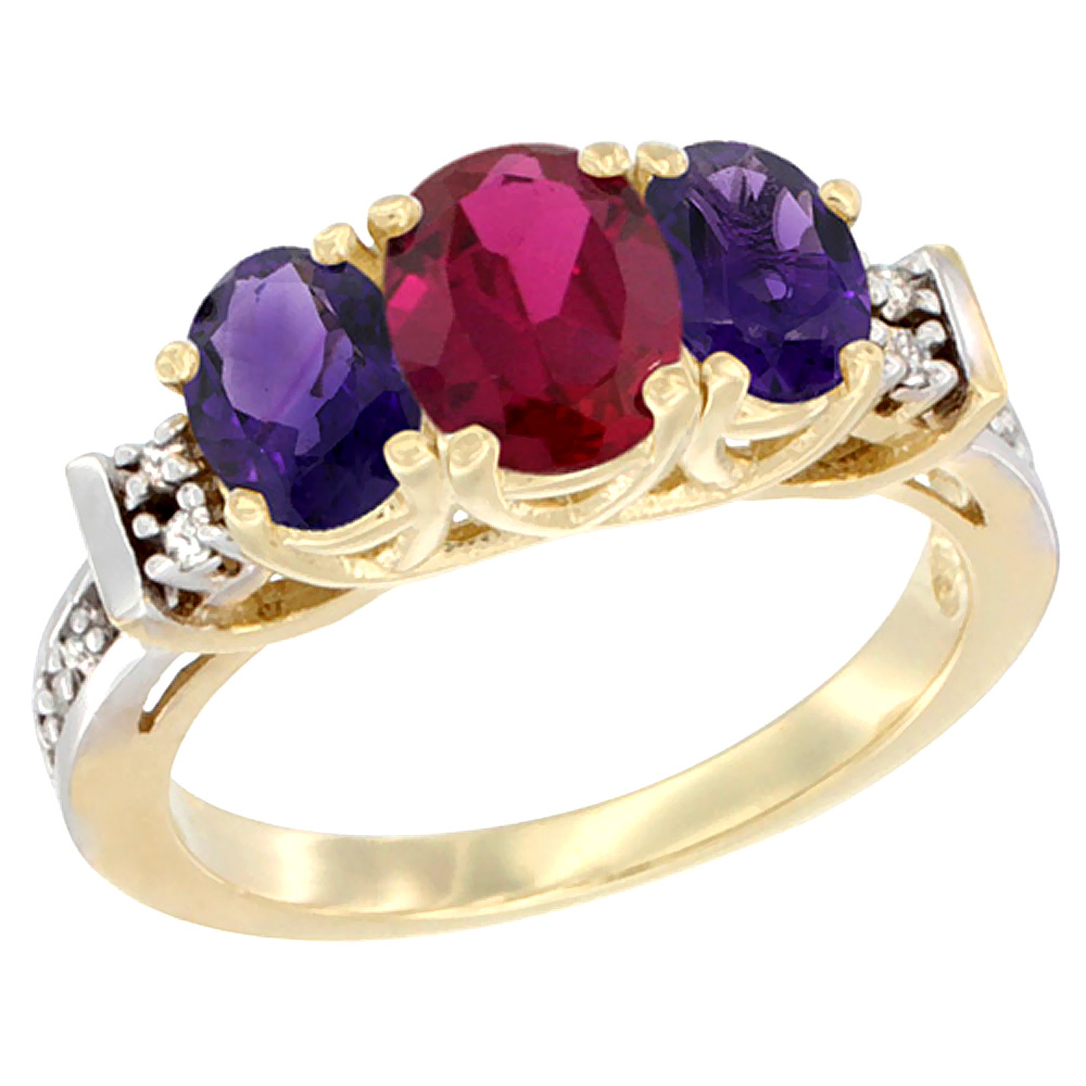 14K Yellow Gold Enhanced Ruby &amp; Natural Amethyst Ring 3-Stone Oval Diamond Accent