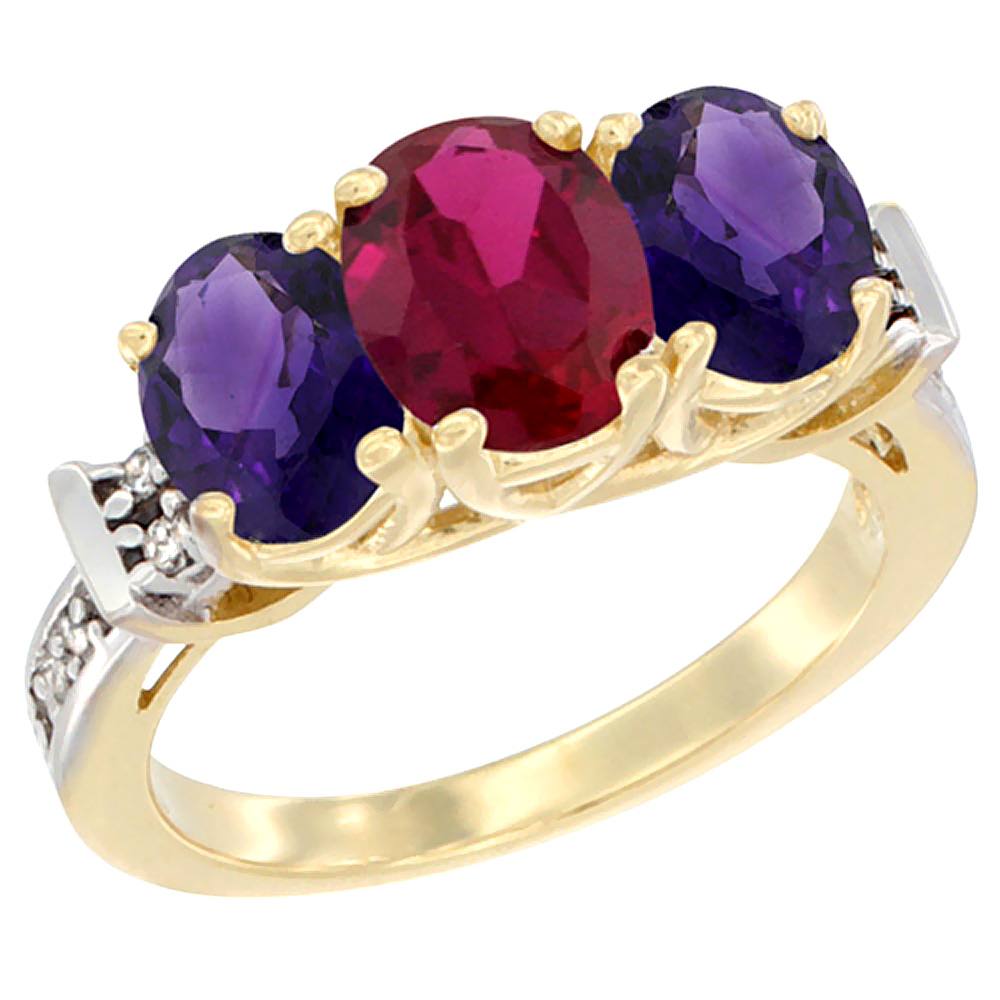 10K Yellow Gold Enhanced Ruby &amp; Amethyst Sides Ring 3-Stone Oval Diamond Accent, sizes 5 - 10