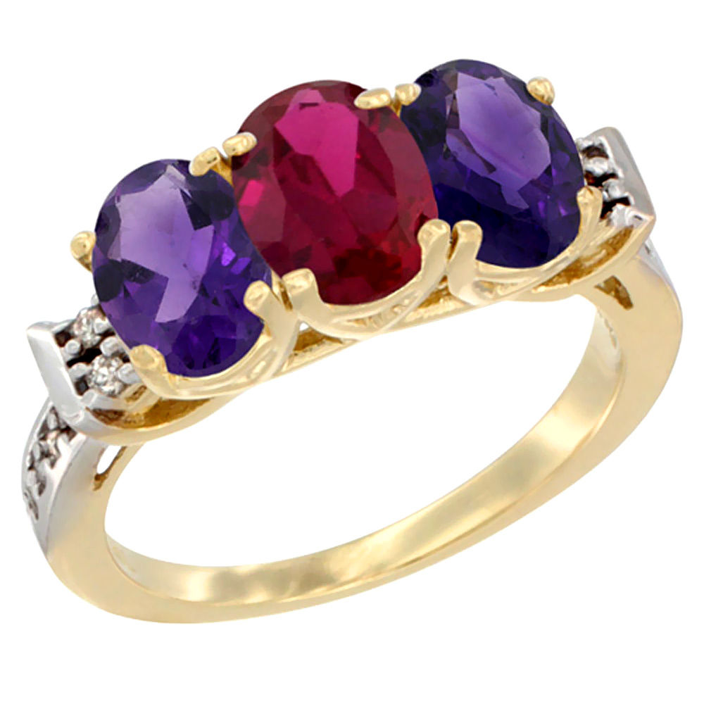 10K Yellow Gold Natural Enhanced Ruby &amp; Natural Amethyst Sides Ring 3-Stone Oval 7x5 mm Diamond Accent, sizes 5 - 10