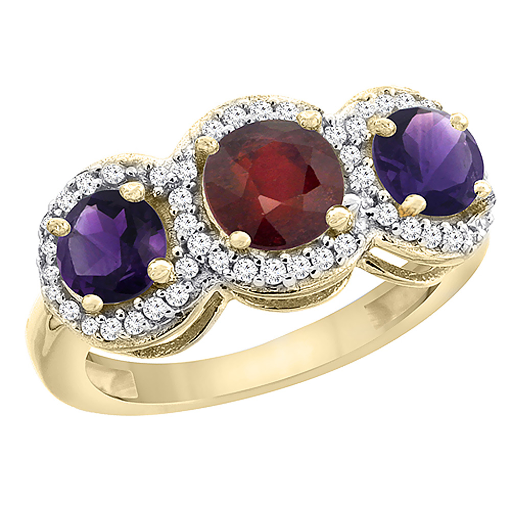 14K Yellow Gold Enhanced Ruby &amp; Amethyst Sides Round 3-stone Ring Diamond Accents, sizes 5 - 10