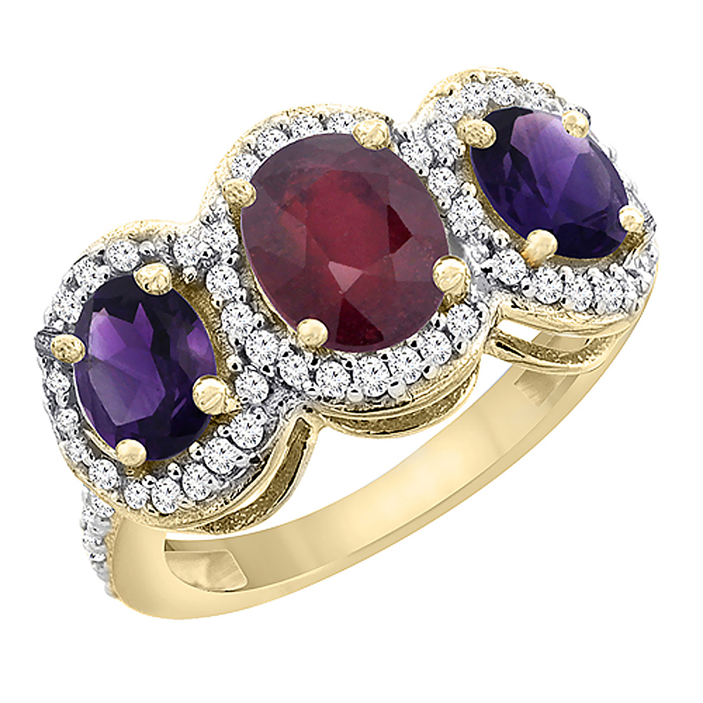 14K Yellow Gold Natural Quality Ruby & Amethyst 3-stone Mothers Ring Oval Diamond Accent, size 5 - 10