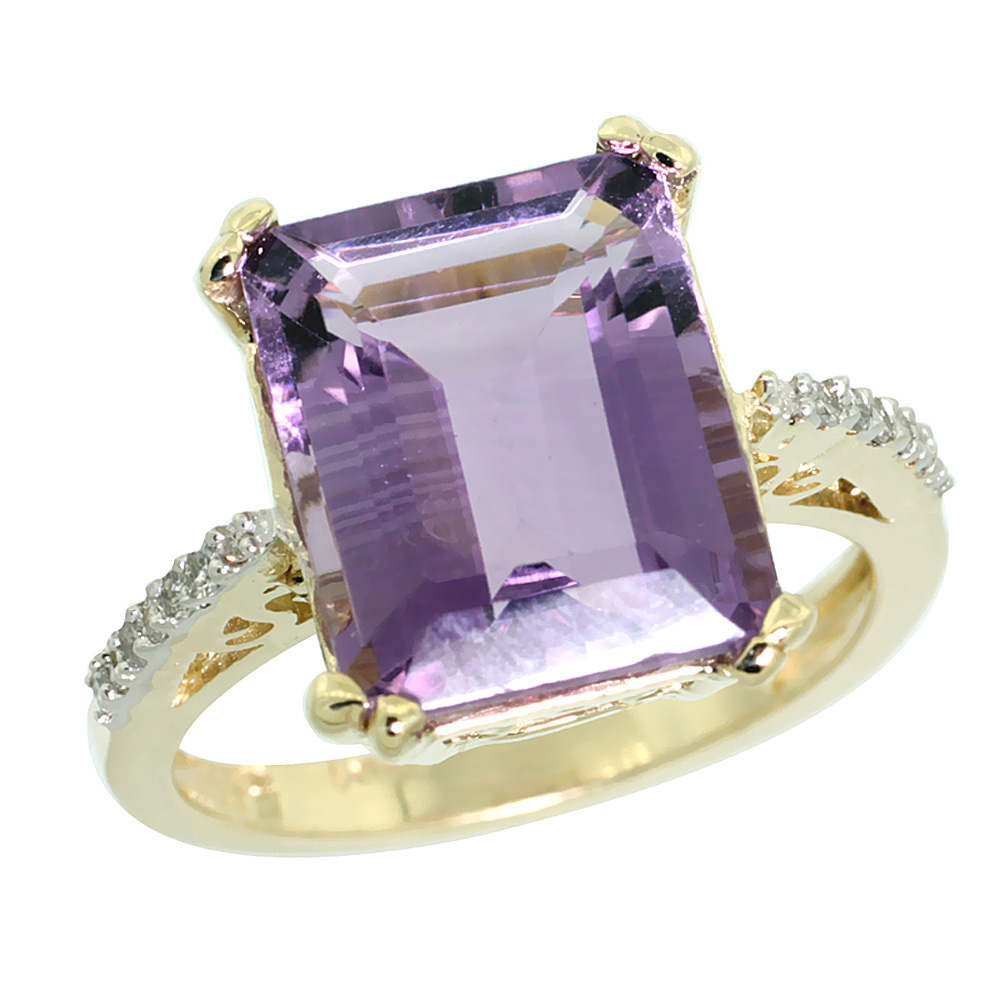 10K Yellow Gold Genuine Diamond Amethyst Ring Emerald-cut 12x10mm sizes 5-10