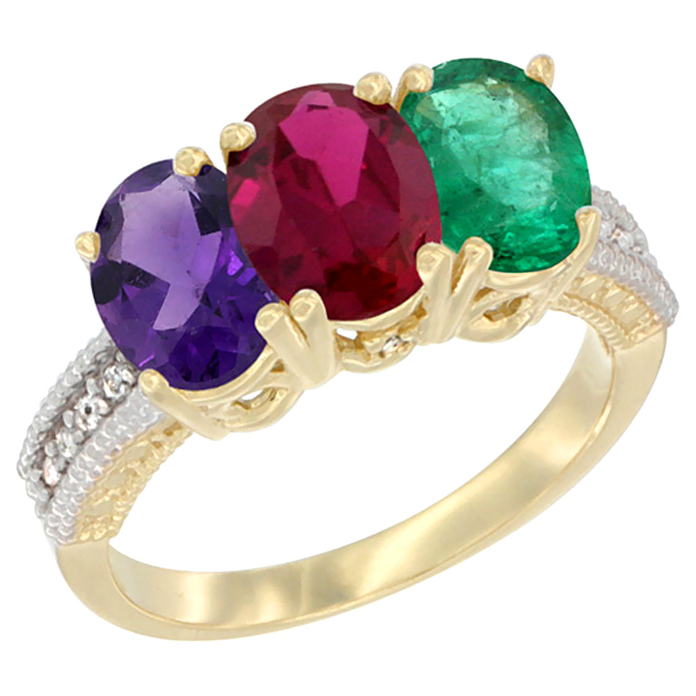 10K Yellow Gold Diamond Natural Amethyst, Enhanced Ruby & Natural Emerald Ring Oval 3-Stone 7x5 mm,sizes 5-10