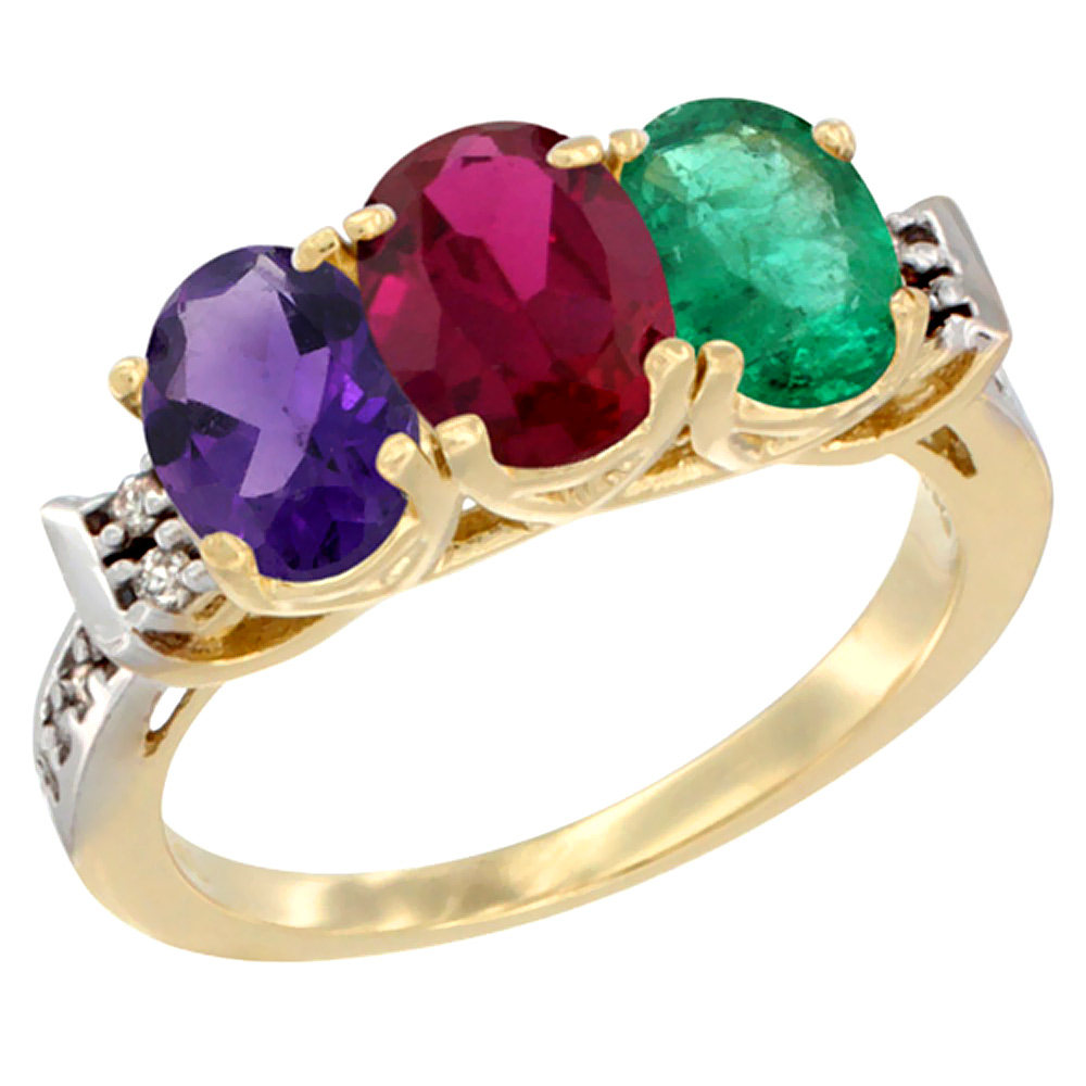 14K Yellow Gold Natural Amethyst, Enhanced Ruby &amp; Natural Emerald Ring 3-Stone 7x5 mm Oval Diamond Accent, sizes 5 - 10