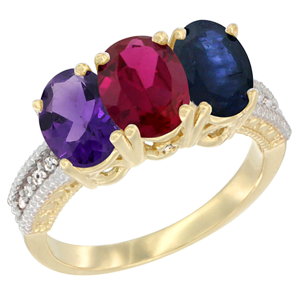 14K Yellow Gold Natural Amethyst, Enhanced Ruby &amp; Natural Blue Sapphire Ring 3-Stone 7x5 mm Oval Diamond Accent, sizes 5 - 10