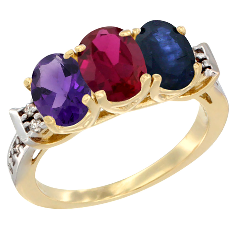 10K Yellow Gold Natural Amethyst, Enhanced Ruby & Natural Blue Sapphire Ring 3-Stone Oval 7x5 mm Diamond Accent, sizes 5 - 10