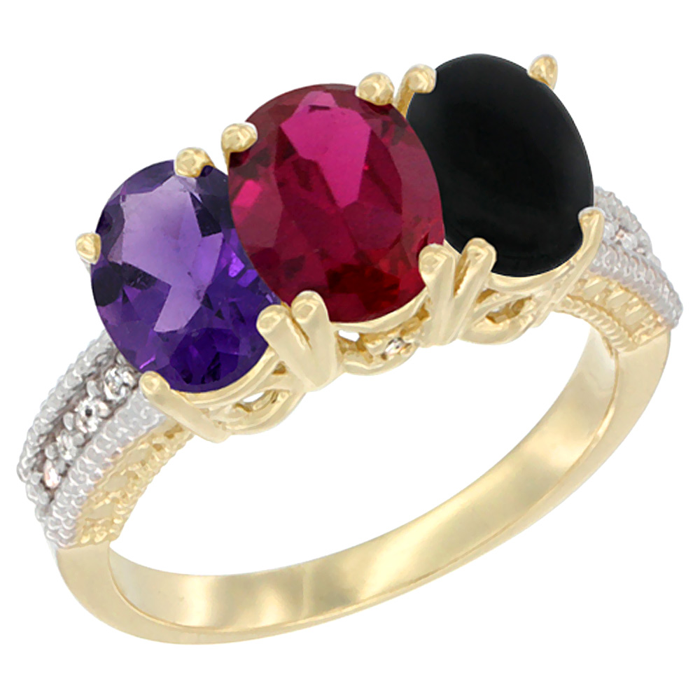 14K Yellow Gold Natural Amethyst, Enhanced Ruby &amp; Natural Black Onyx Ring 3-Stone 7x5 mm Oval Diamond Accent, sizes 5 - 10