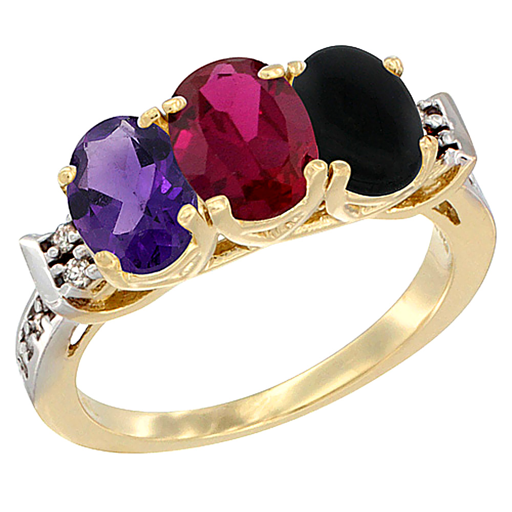 10K Yellow Gold Natural Amethyst, Enhanced Ruby &amp; Natural Black Onyx Ring 3-Stone Oval 7x5 mm Diamond Accent, sizes 5 - 10