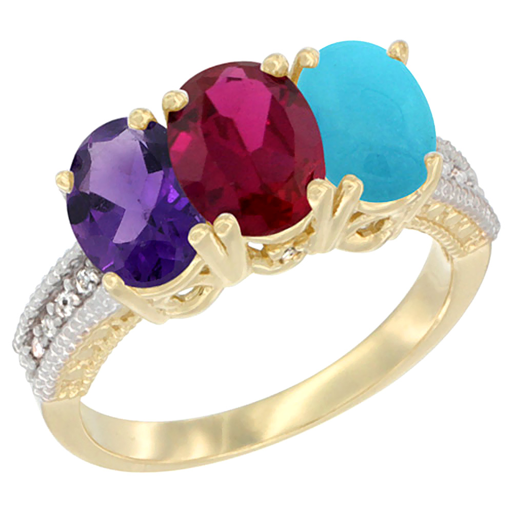 10K Yellow Gold Diamond Natural Amethyst, Enhanced Ruby & Natural Turquoise Ring Oval 3-Stone 7x5 mm,sizes 5-10