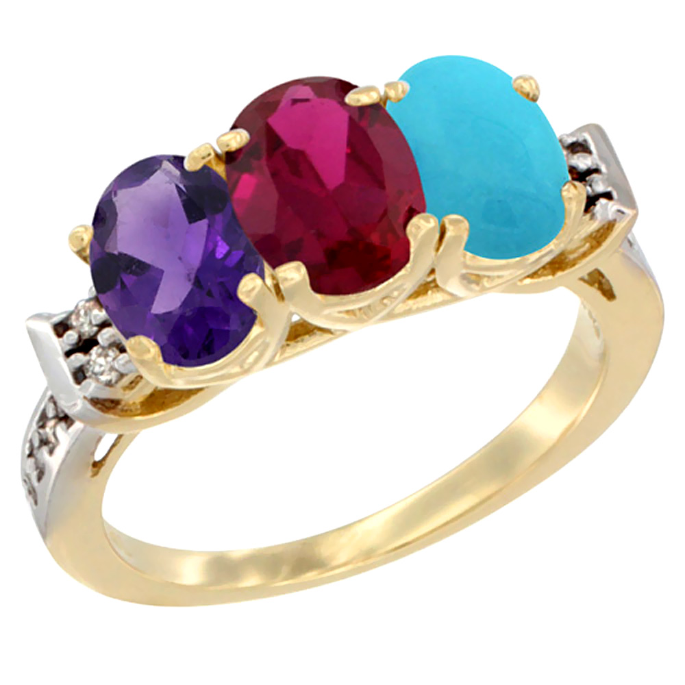 14K Yellow Gold Natural Amethyst, Enhanced Ruby &amp; Natural Turquoise Ring 3-Stone 7x5 mm Oval Diamond Accent, sizes 5 - 10