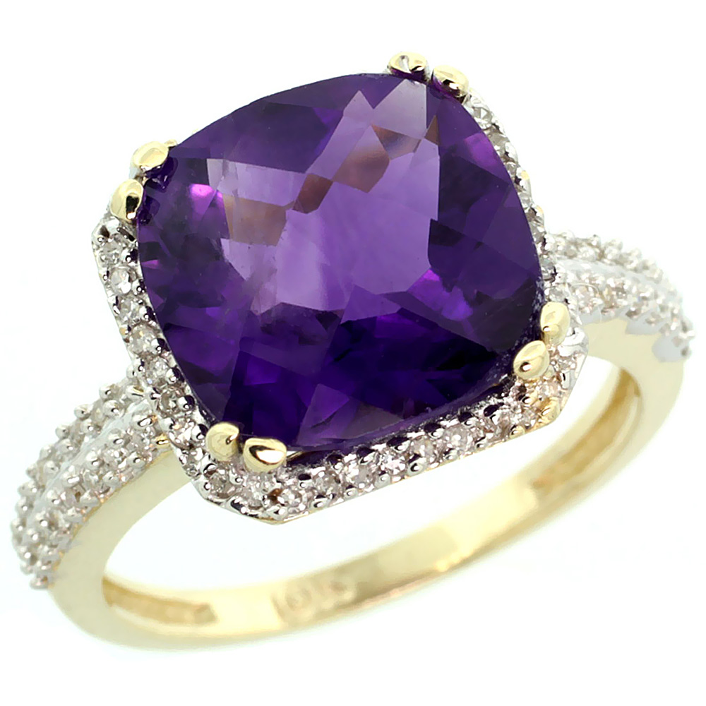 14K Yellow Gold Natural Amethyst Ring Cushion-cut 11x11mm Diamond Halo, sizes 5-10