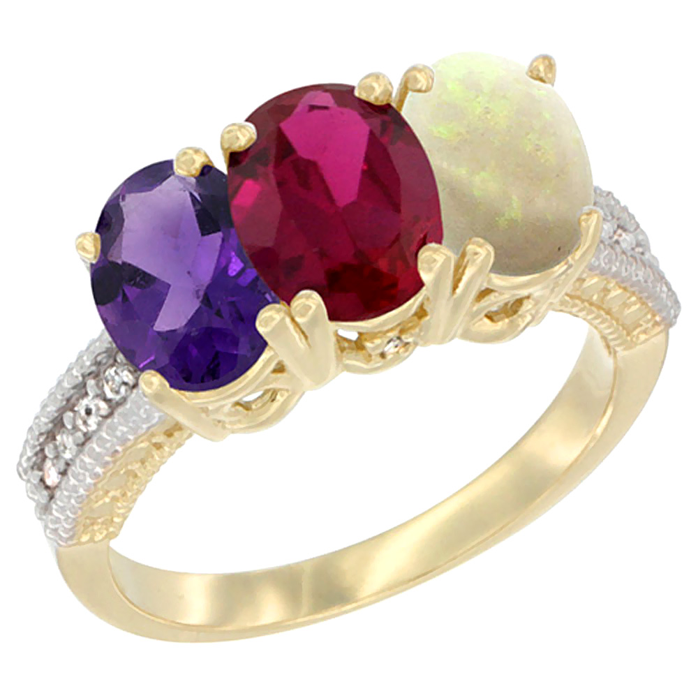 14K Yellow Gold Natural Amethyst, Enhanced Ruby & Natural Opal Ring 3-Stone 7x5 mm Oval Diamond Accent, sizes 5 - 10