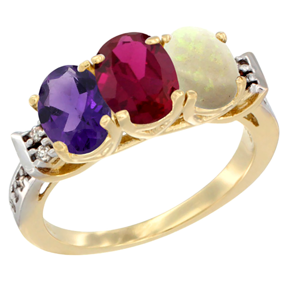 14K Yellow Gold Natural Amethyst, Enhanced Ruby & Natural Opal Ring 3-Stone 7x5 mm Oval Diamond Accent, sizes 5 - 10