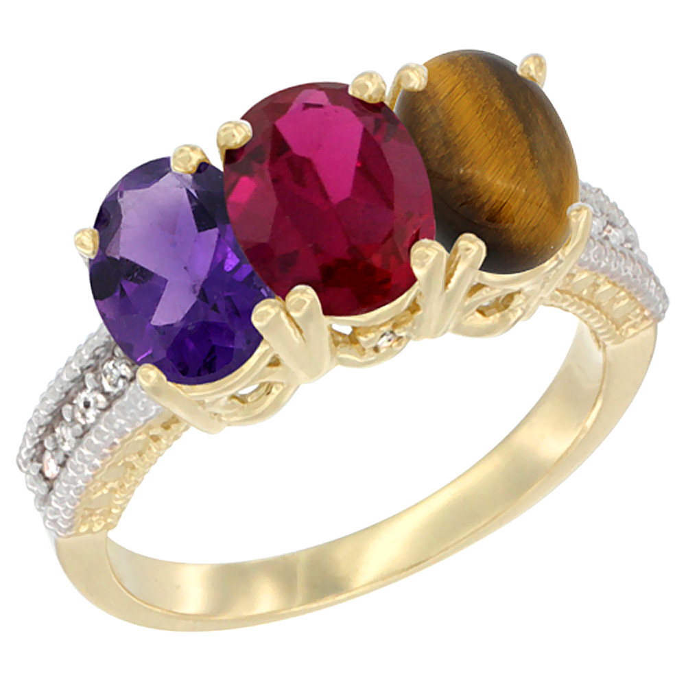 14K Yellow Gold Natural Amethyst, Enhanced Ruby & Natural Tiger Eye Ring 3-Stone 7x5 mm Oval Diamond Accent, sizes 5 - 10