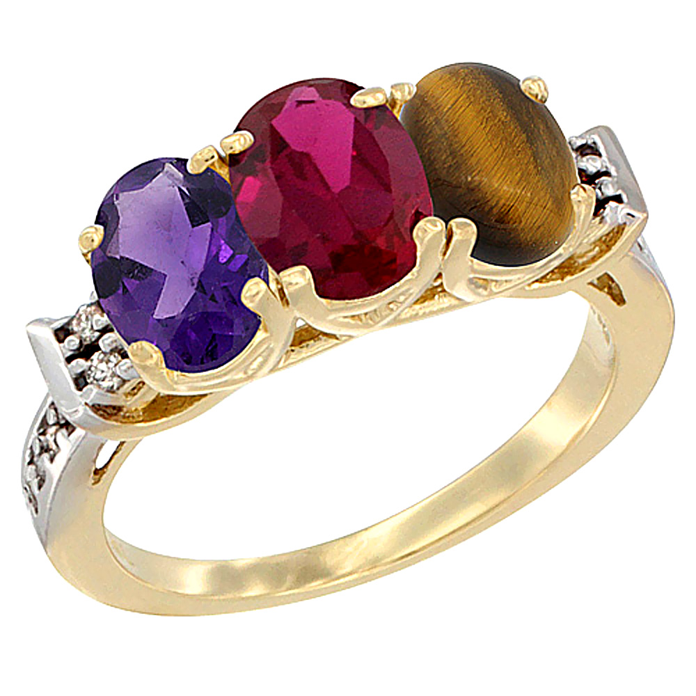 14K Yellow Gold Natural Amethyst, Enhanced Ruby &amp; Natural Tiger Eye Ring 3-Stone 7x5 mm Oval Diamond Accent, sizes 5 - 10