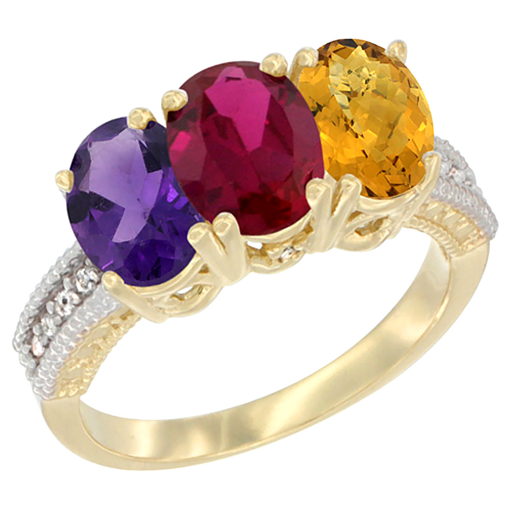 10K Yellow Gold Diamond Natural Amethyst, Enhanced Ruby &amp; Natural Whisky Quartz Ring Oval 3-Stone 7x5 mm,sizes 5-10