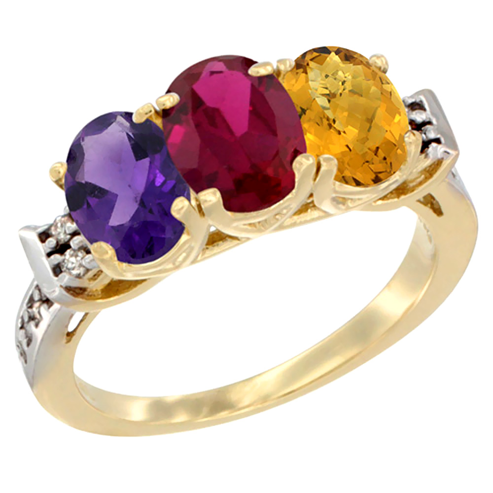14K Yellow Gold Natural Amethyst, Enhanced Ruby & Natural Whisky Quartz Ring 3-Stone 7x5 mm Oval Diamond Accent, sizes 5 - 10