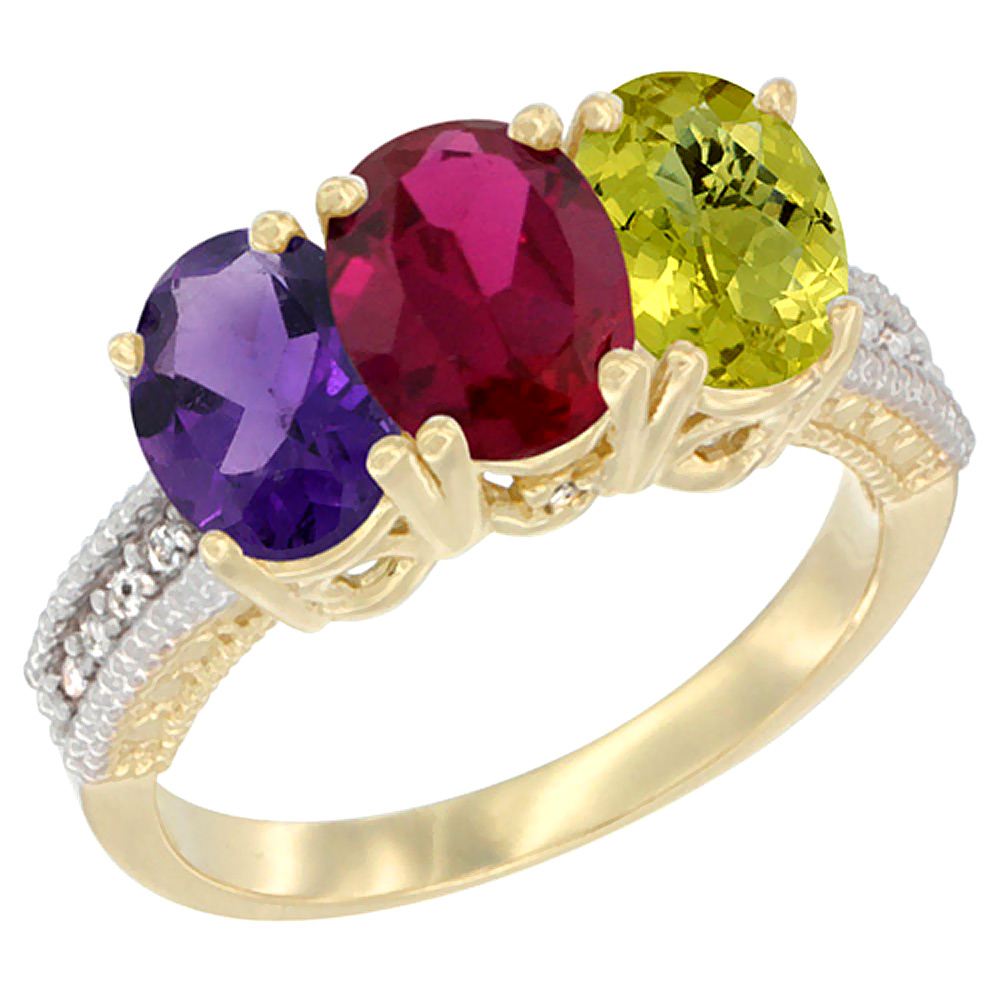 14K Yellow Gold Natural Amethyst, Enhanced Ruby &amp; Natural Lemon Quartz Ring 3-Stone 7x5 mm Oval Diamond Accent, sizes 5 - 10