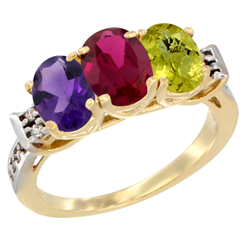 10K Yellow Gold Natural Amethyst, Enhanced Ruby & Natural Lemon Quartz Ring 3-Stone Oval 7x5 mm Diamond Accent, sizes 5 - 10