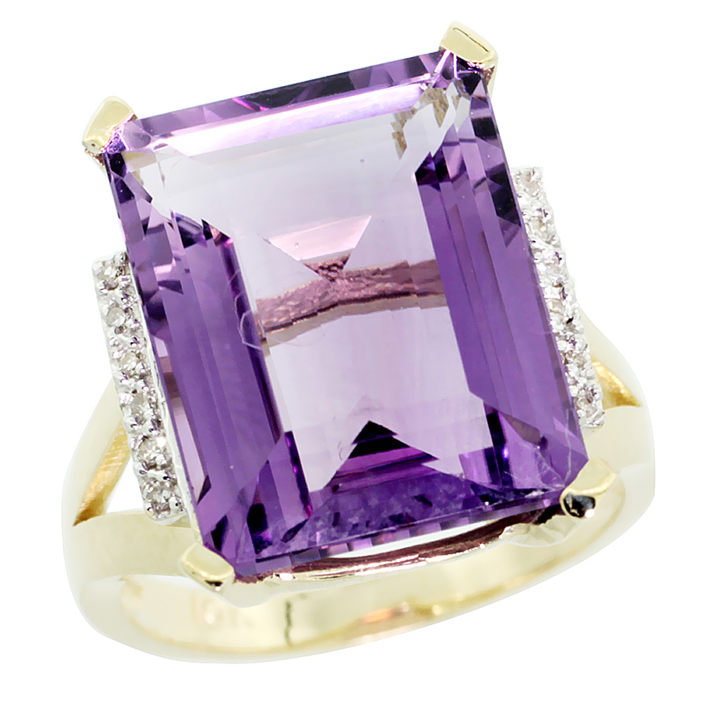 14K Yellow Gold Diamond Natural Amethyst Ring Emerald-cut 16x12mm, sizes 5-10