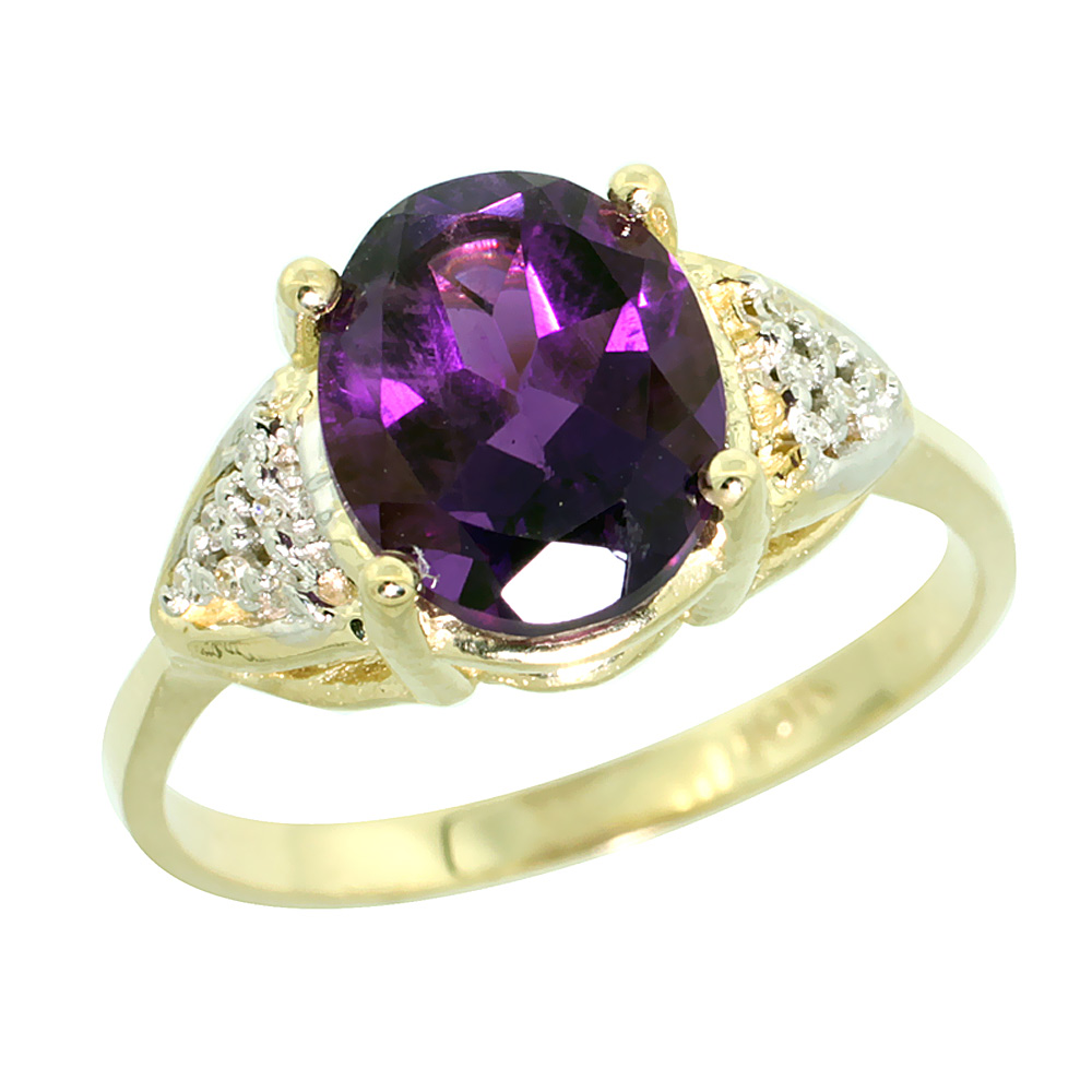 10K Yellow Gold Diamond Genuine Amethyst Engagement Ring Oval 10x8mm sizes 5-10