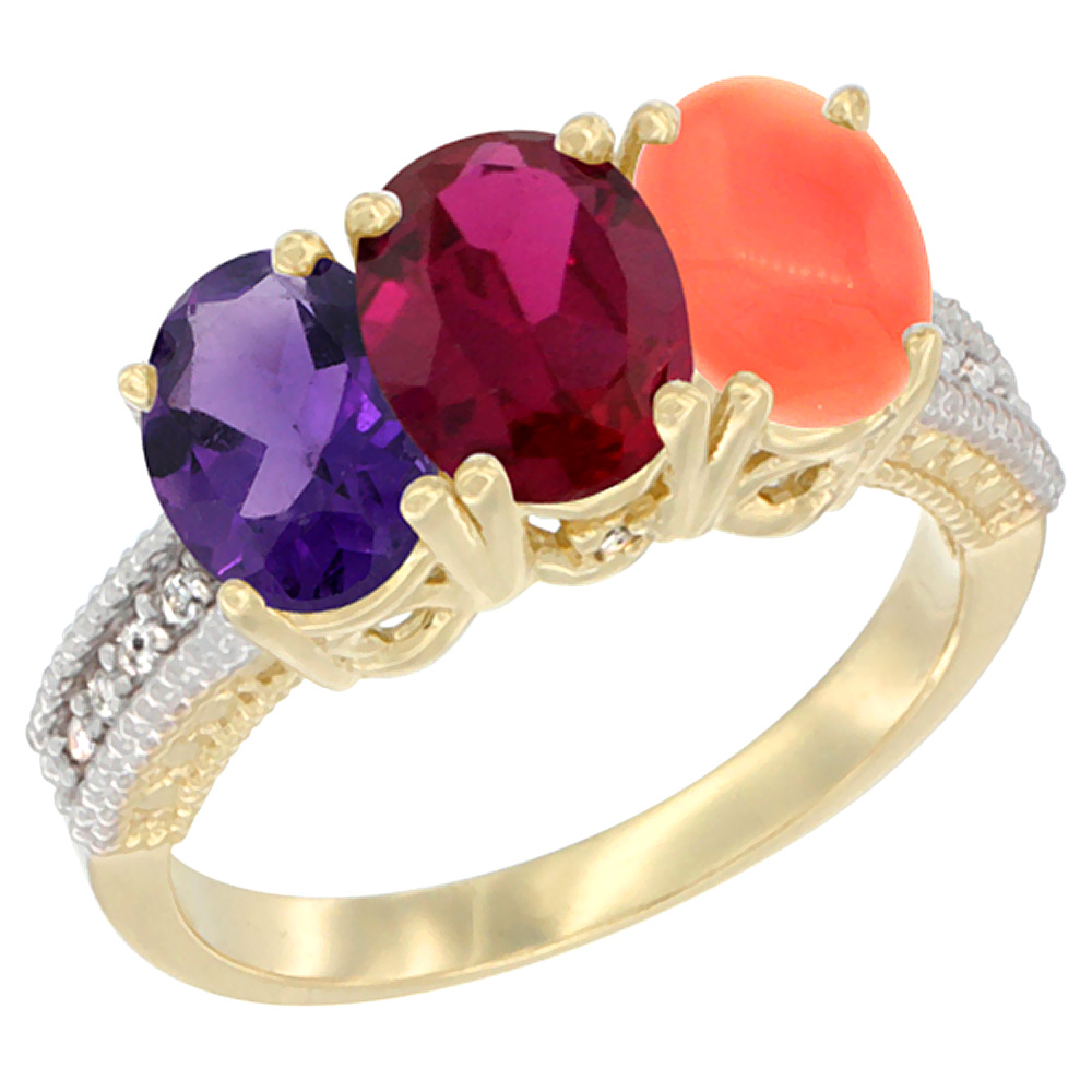 14K Yellow Gold Natural Amethyst, Enhanced Ruby &amp; Natural Coral Ring 3-Stone 7x5 mm Oval Diamond Accent, sizes 5 - 10