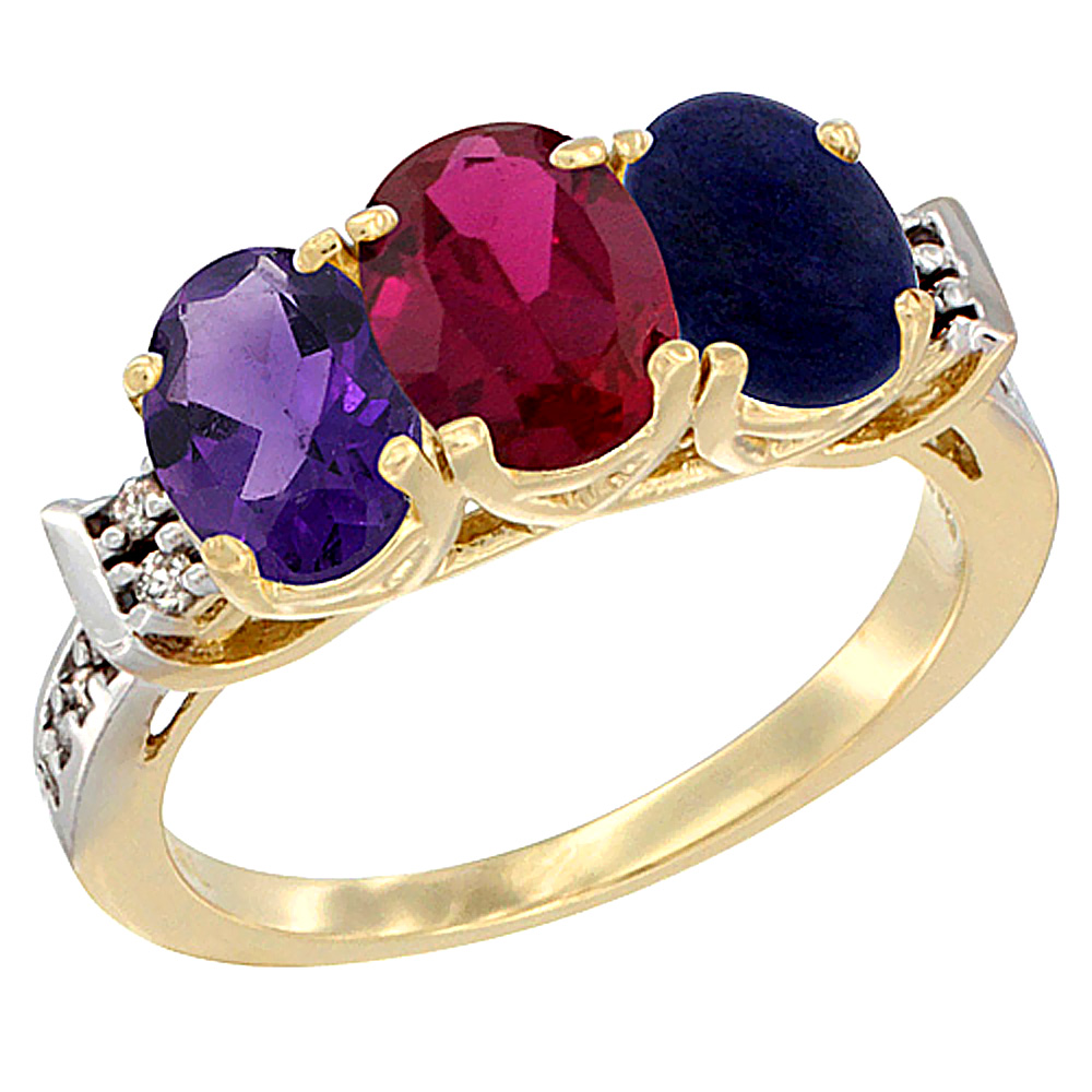 14K Yellow Gold Natural Amethyst, Enhanced Ruby &amp; Natural Lapis Ring 3-Stone 7x5 mm Oval Diamond Accent, sizes 5 - 10