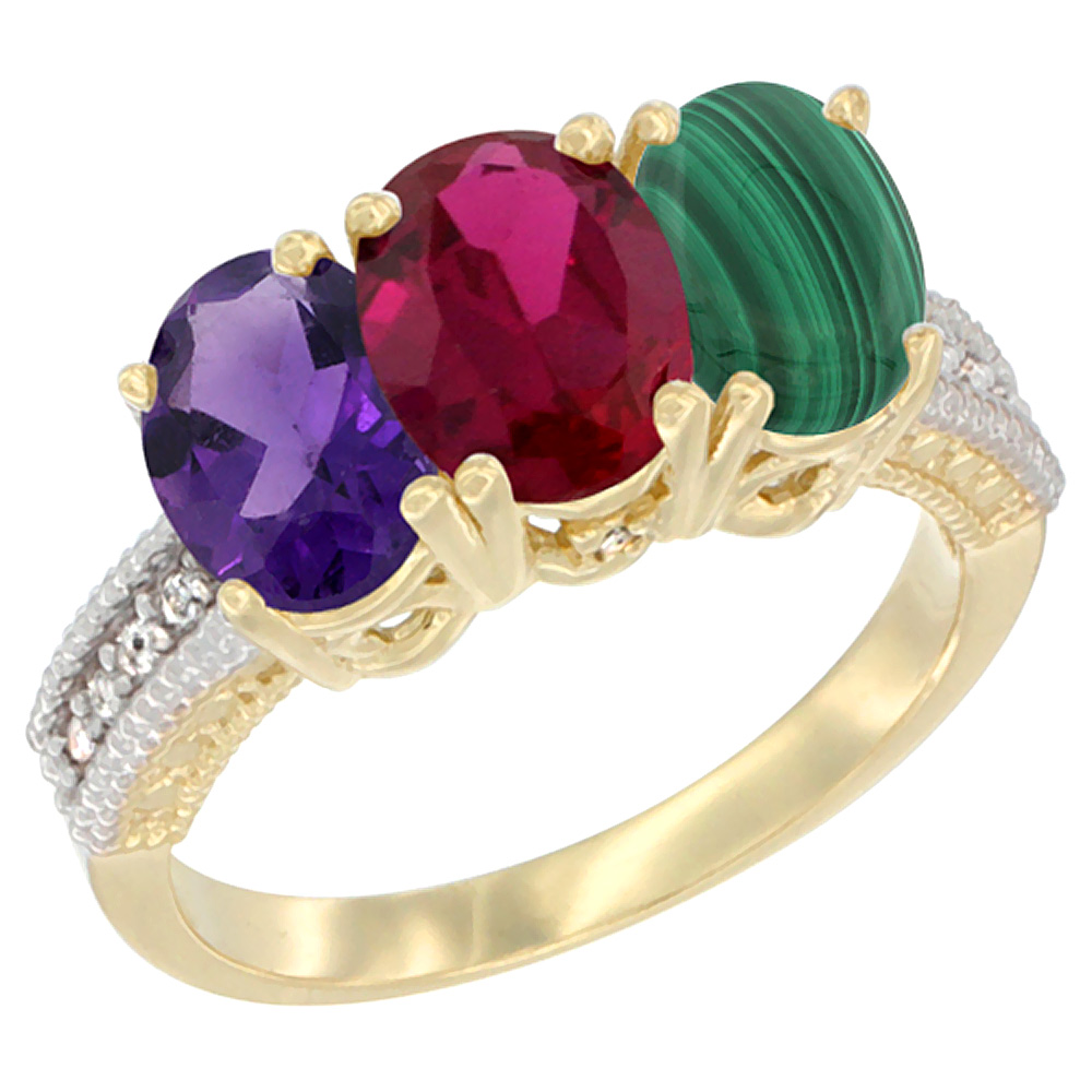 10K Yellow Gold Diamond Natural Amethyst, Enhanced Ruby &amp; Natural Malachite Ring Oval 3-Stone 7x5 mm,sizes 5-10