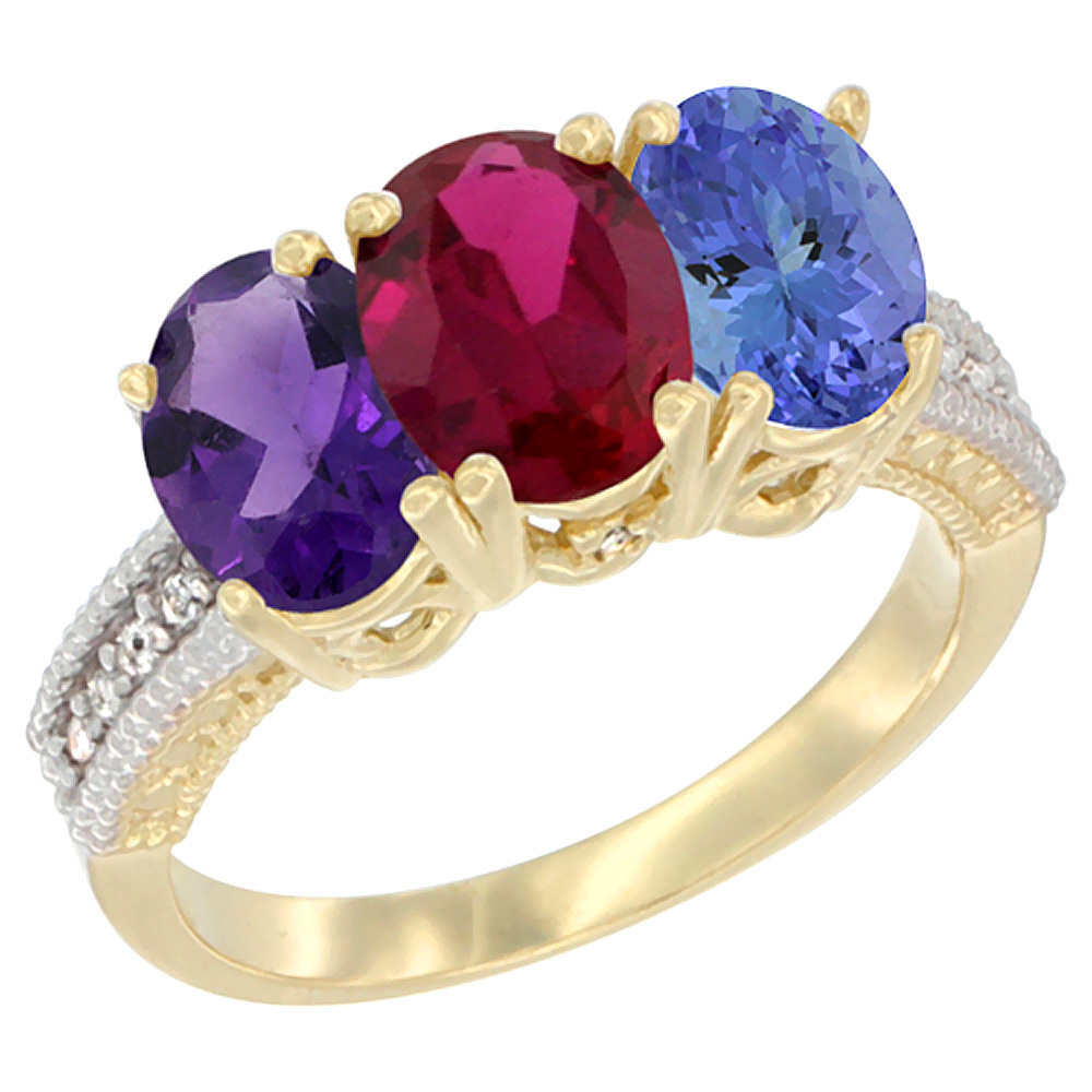 10K Yellow Gold Diamond Natural Amethyst, Enhanced Ruby & Natural Tanzanite Ring Oval 3-Stone 7x5 mm,sizes 5-10